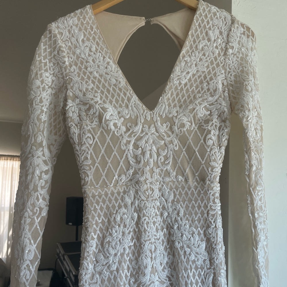 Wedding Dress long sleeve open back v neck, white and nude beaded embroidered - Picture 8 of 10